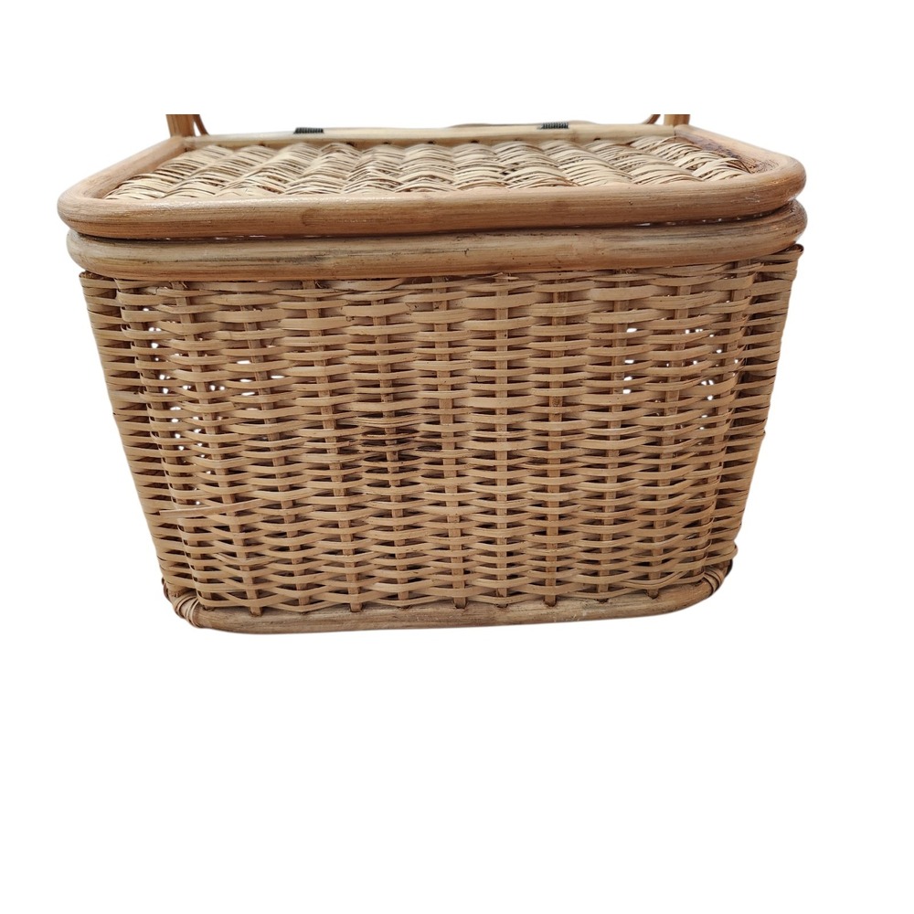 Vintage Large 2 Wine Bottle  Holder Rattan Bamboo Hinge Wicker Picnic Basket - Picture 4 of 15